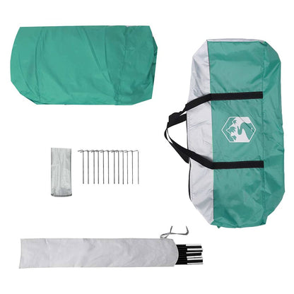 Detail van de zeegroene vidaXL partytent met accessoires en bevestigingsmaterialen.