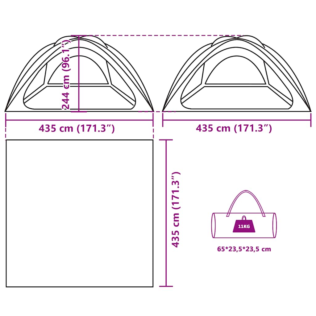Technische tekening van de vidaXL partytent met afmetingen en draagtas.