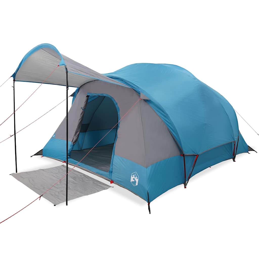 Detail van de vidaXL tunneltent in blauw met luifel en zij-ingang.