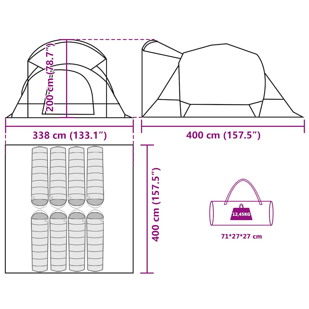 Detail van de afmetingen en indeling van de vidaXL 8-persoons tunneltent in blauw.