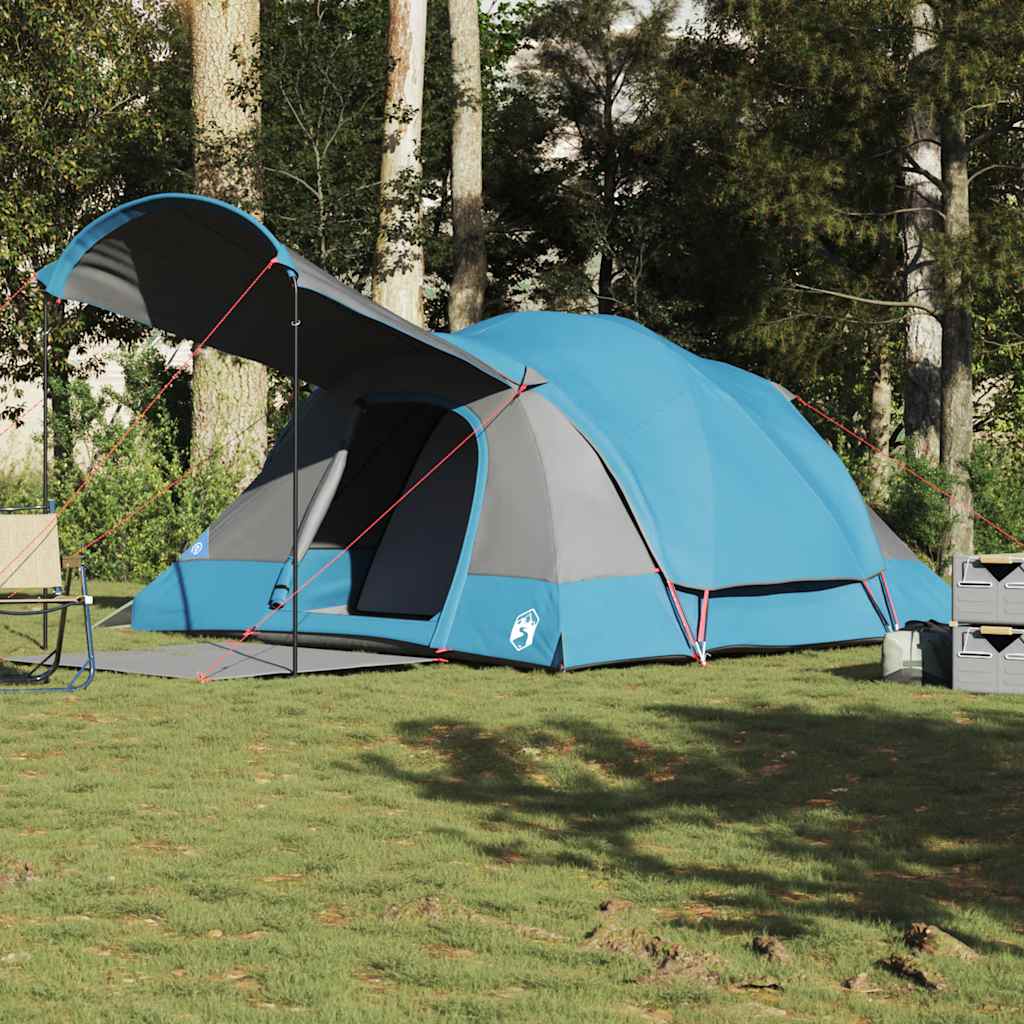Zijaanzicht van de vidaXL tunneltent in blauw met opgezette luifel.