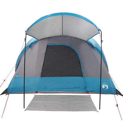 Detail van de vidaXL tunneltent in blauw met een ruime ingang en opzetluifel.