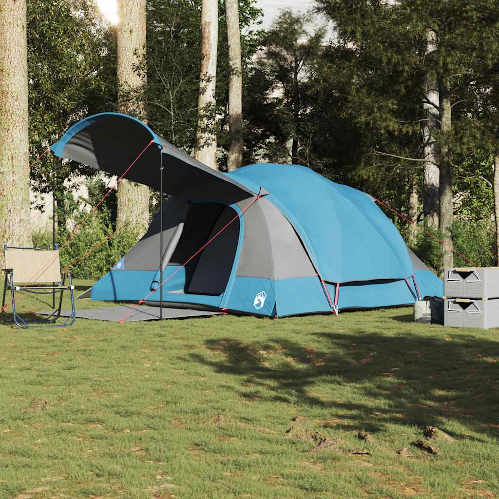 Blauwe vidaXL tunneltent voor 8 personen, waterdicht met luifel in een bosrijke omgeving.