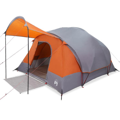 Detail van de vidaXL tunneltent in grijs en oranje met luifel en zijaanzicht.
