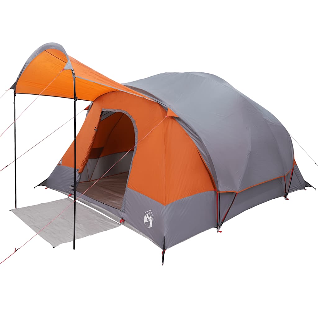 Detail van de vidaXL tunneltent met grijze en oranje kleuren en luifeloptie.