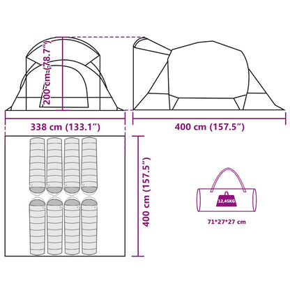 Detailweergave van de afmetingen en indeling van de vidaXL 8-persoons tunneltent.