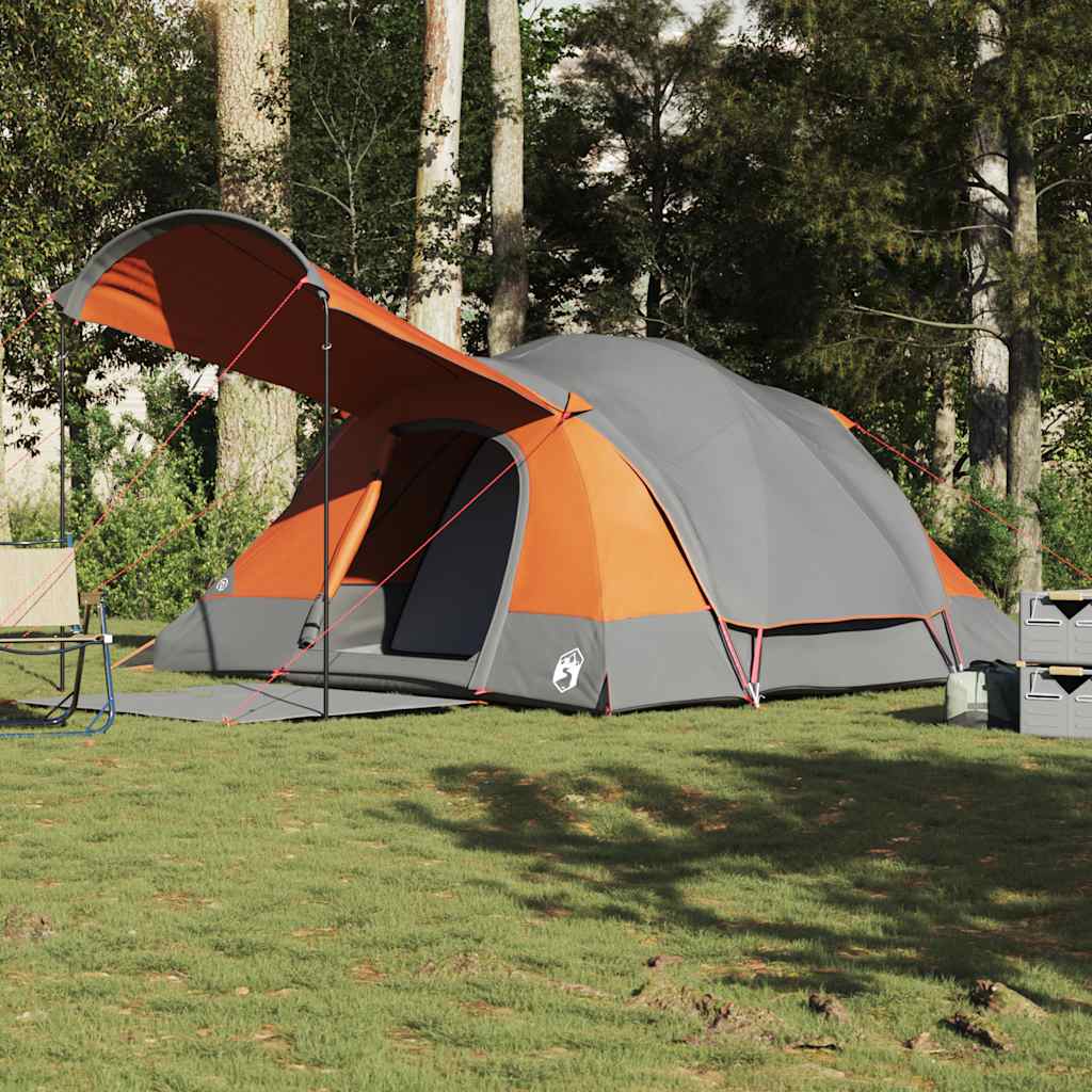 Detail van de vidaXL tunneltent in grijs en oranje met opgezette luifel.