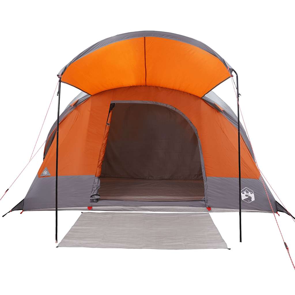 Detail van de grijs-oranje vidaXL tunneltent met open ingang en luifel.