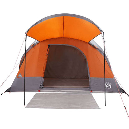 Detail van de grijs-oranje vidaXL tunneltent met open ingang en luifel.