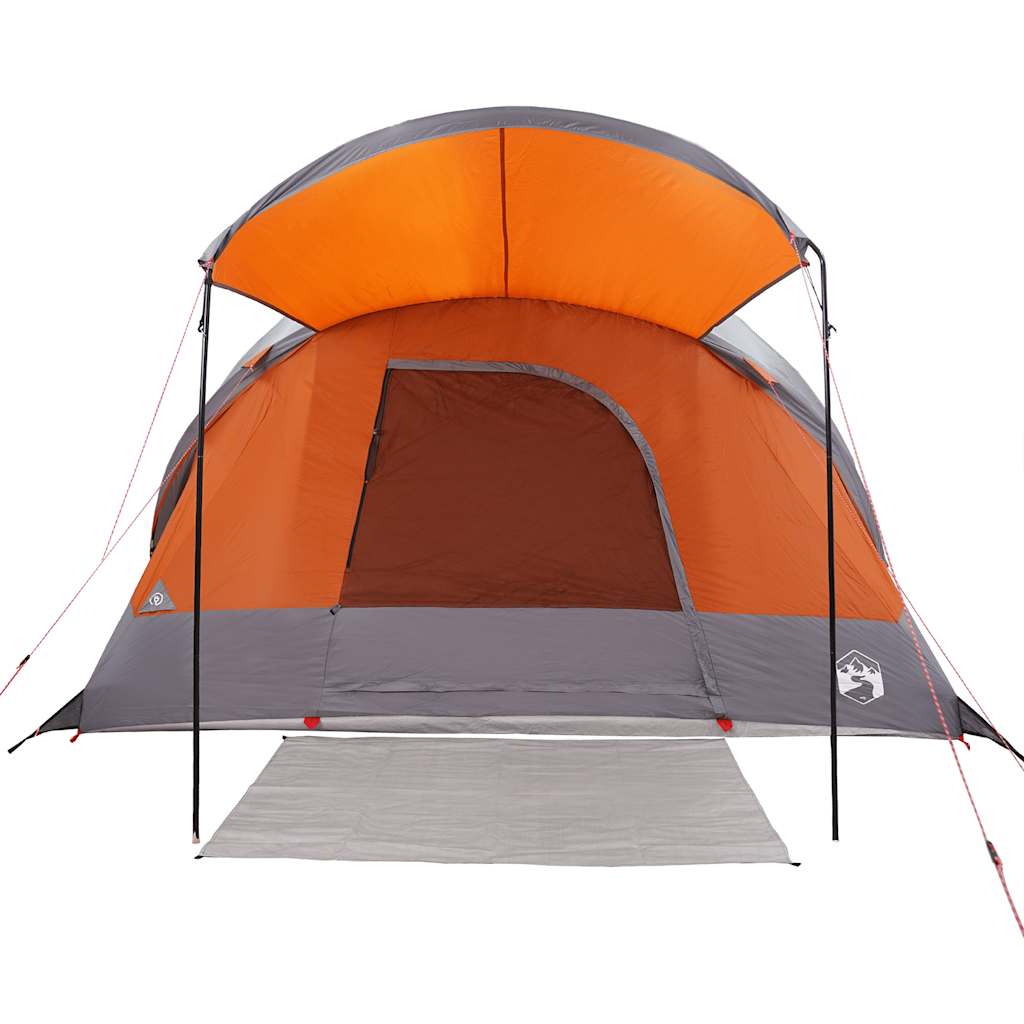 Detail van de grijs-oranje vidaXL tunneltent met open ingang en luifeloptie.