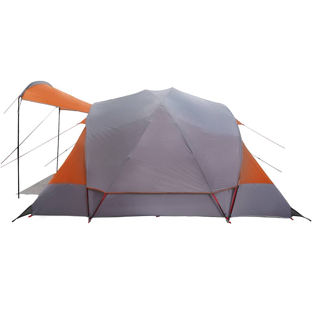 Zijaanzicht van de vidaXL tunneltent in grijs en oranje met luifeloptie.