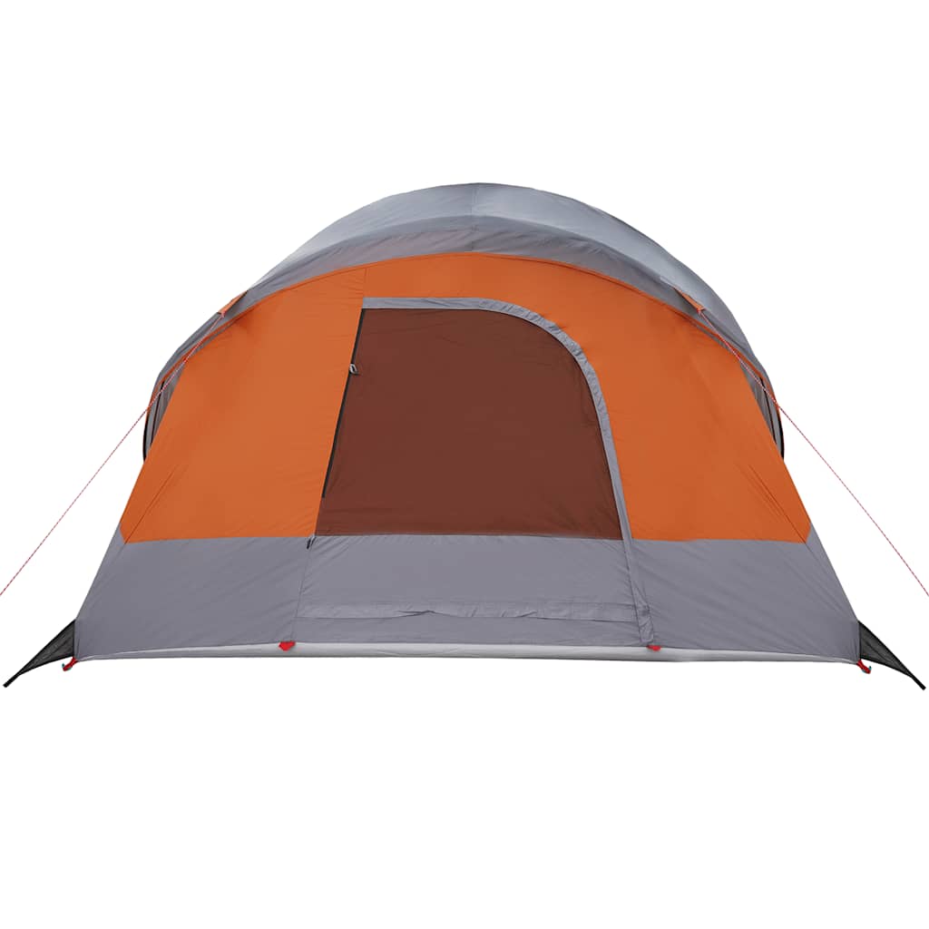 Detail van de grijs-oranje vidaXL tunneltent met de ingang zichtbaar.