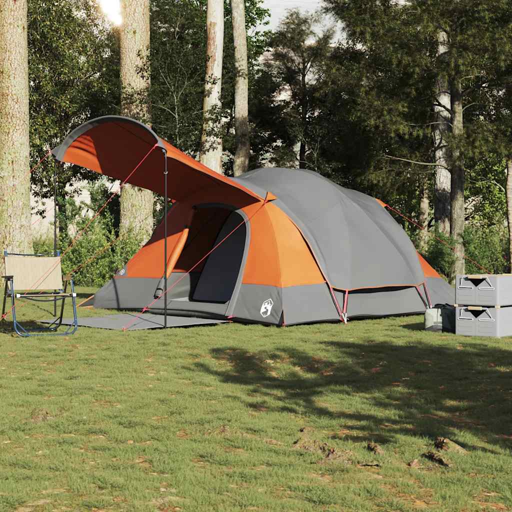 Tunneltent vidaXL 8-persoons in grijs en oranje met luifel, opgesteld in de natuur.