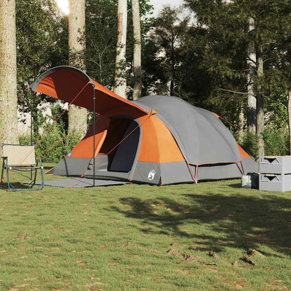Tunneltent vidaXL 8-persoons in grijs en oranje met luifel, opgesteld in de natuur.