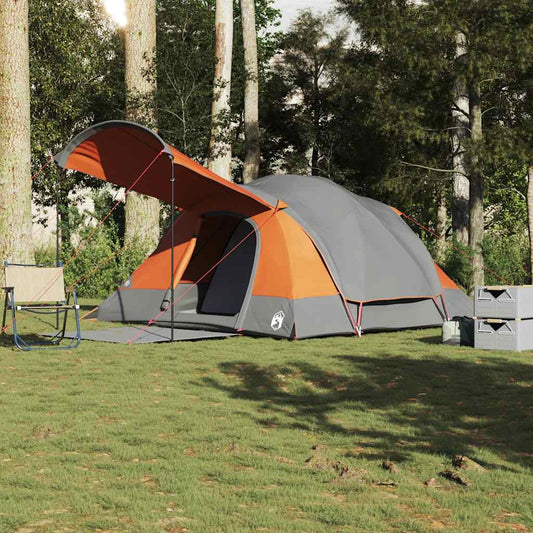 Tunneltent vidaXL 8-persoons in grijs en oranje met luifel, opgesteld in de natuur.