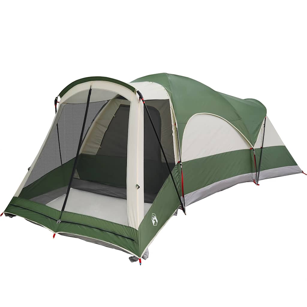Detail van de vidaXL tunneltent met groene en beige kleuren, zijaanzicht met gaasventilatie.