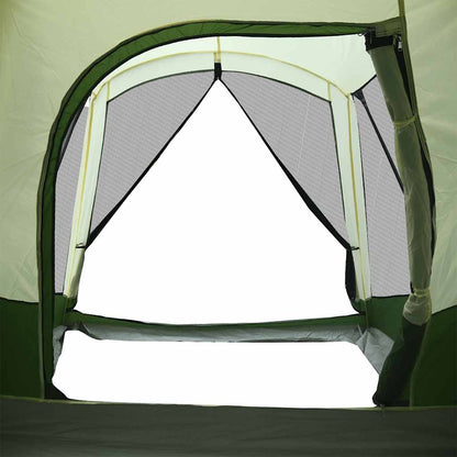 Detail van de groene vidaXL tunneltent met gaasventilatie aan de ingang.