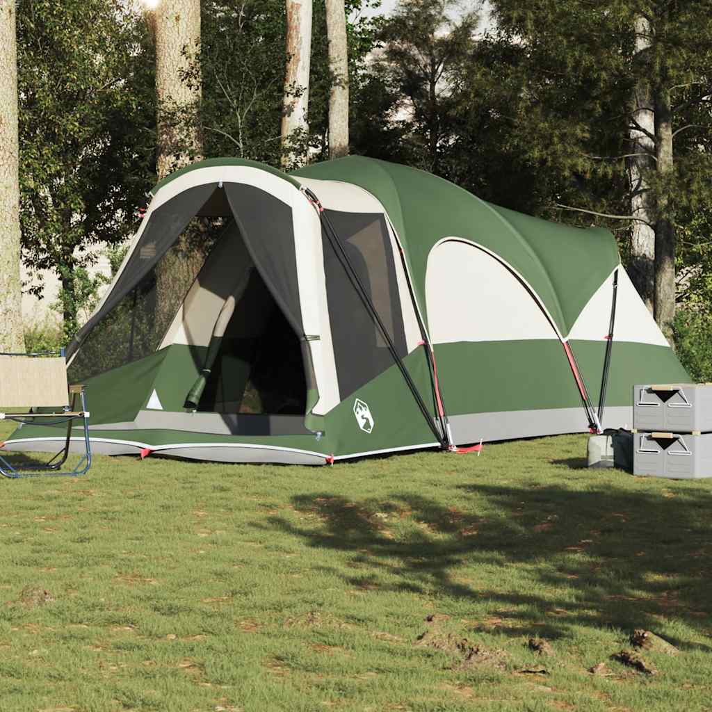 Detail van de vidaXL tunneltent in groen, met open ingang en ventilatieroosters.