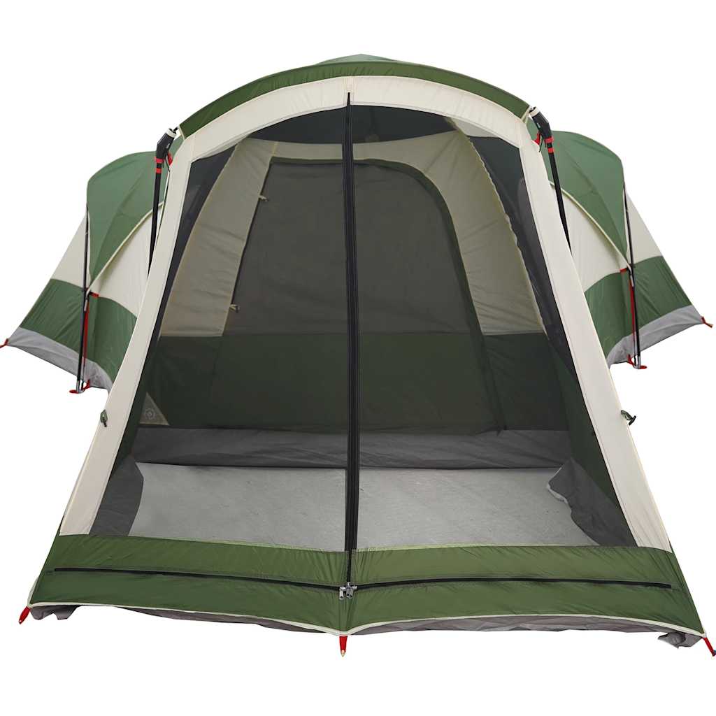 Detail van de vidaXL tunneltent met groen en beige kleuren en ventilatierooster.