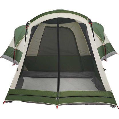 Detail van de vidaXL tunneltent met groen en beige kleuren en ventilatierooster.