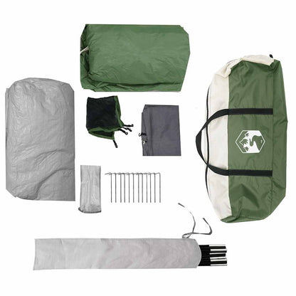 Detail van de vidaXL tunneltent accessoires, inclusief stokken en haringen in groen en grijs.