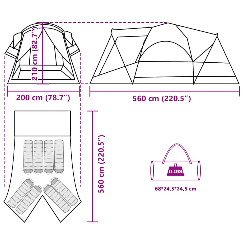 Technische tekening van de vidaXL 8-persoons tunneltent met afmetingen en ontwerpdetails.