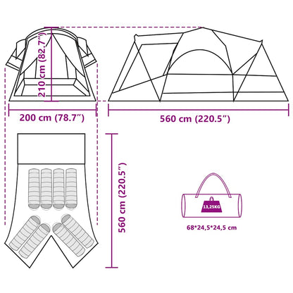 Technische tekening van de vidaXL 8-persoons tunneltent met afmetingen en ontwerpdetails.