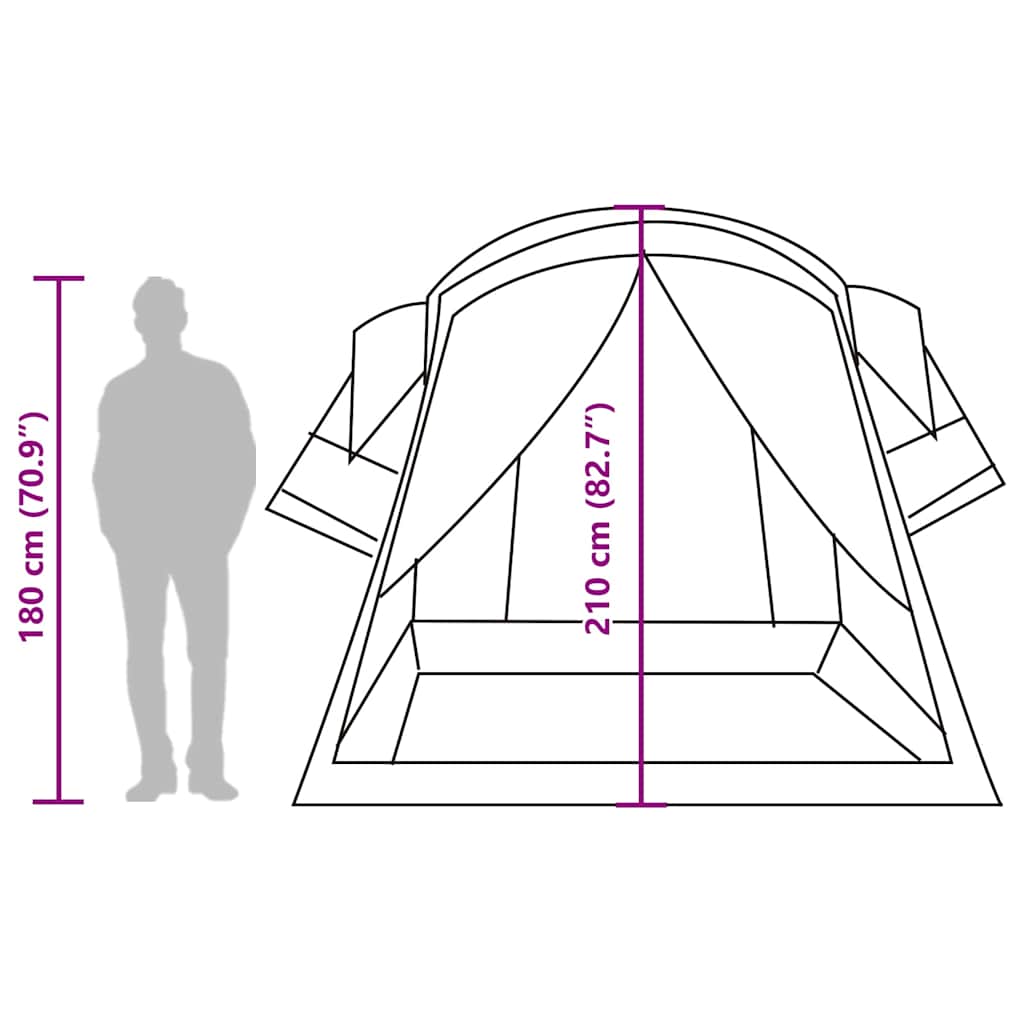 Detailweergave van de vidaXL tunneltent met afmetingen en silhouet van een persoon voor schaal.