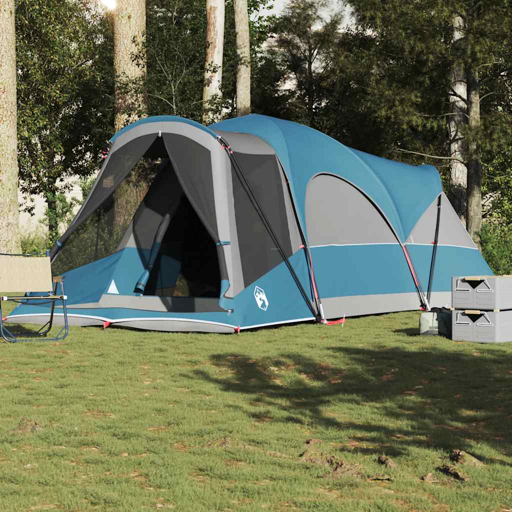 Zijaanzicht van de vidaXL 8-persoons tunneltent in blauw met gaaswanden.