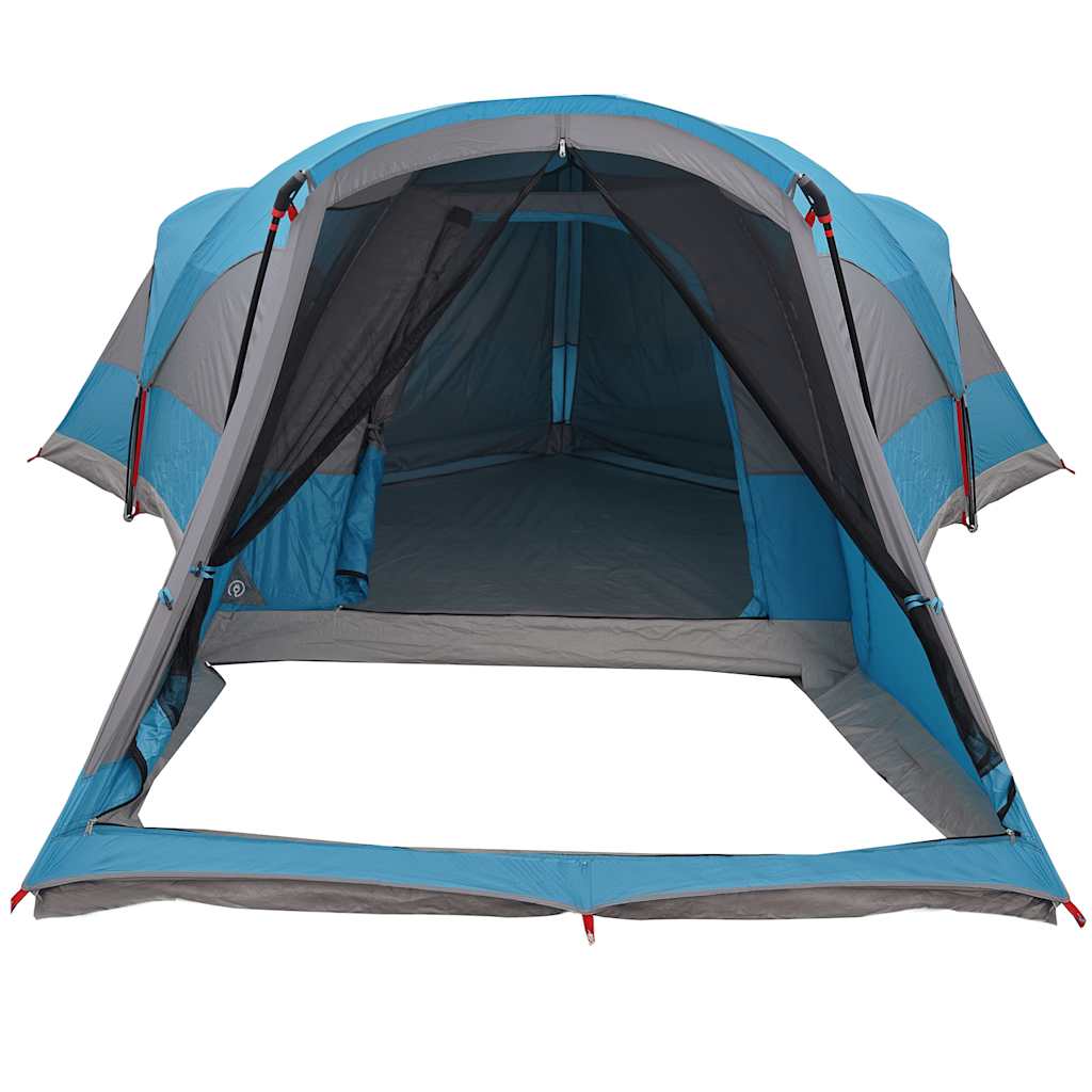 Zijaanzicht van de vidaXL tunneltent in blauw met ruime ingang en ventilatieopening.