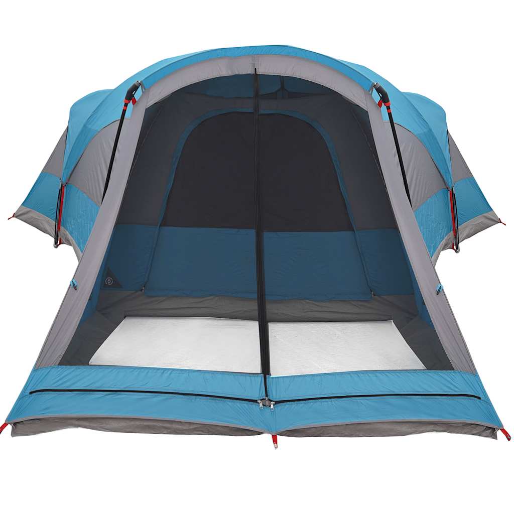 Zijaanzicht van de vidaXL tunneltent in blauw met open ingang en grijs interieur.
