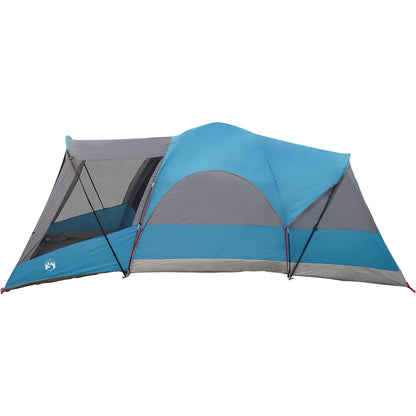Detail van de vidaXL tunneltent met blauw en grijs kleurenschema, zijaanzicht met gaaswanden.