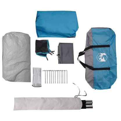 Accessoires van de vidaXL tunneltent, waaronder stokken, haringen en opbergtassen in blauw en grijs.