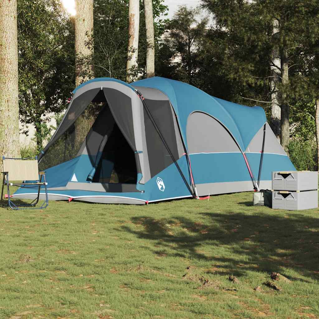 Blauwe vidaXL tunneltent voor 8 personen met open ingang en ventilatiewanden in een bosrijke omgeving.