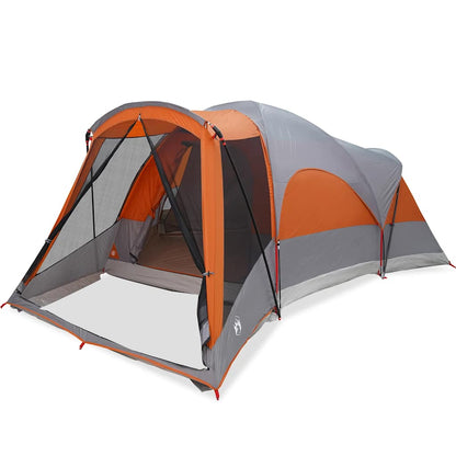 Detail van de vidaXL tunneltent met grijze en oranje kleuren, zijaanzicht met ingang zichtbaar.
