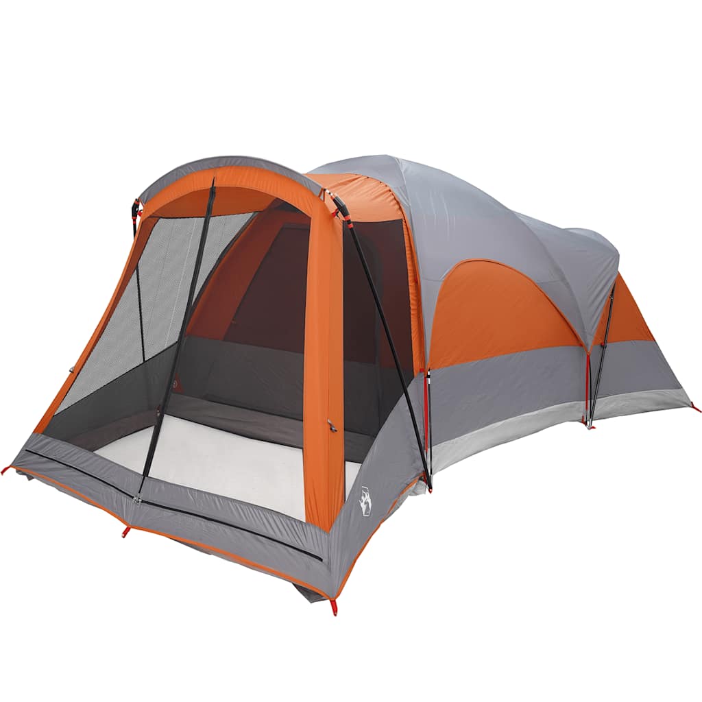 Detail van de vidaXL tunneltent met grijze en oranje kleuren, zijaanzicht met open ingang.