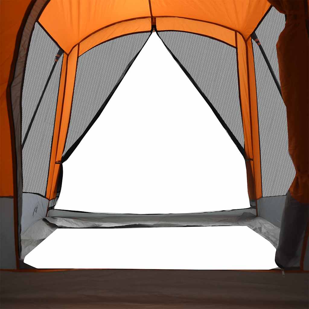 Detail van de grijze en oranje vidaXL tunneltent met open ingangsdoek en ventilatieroosters.