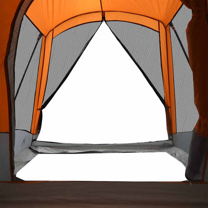 Detail van de grijze en oranje vidaXL tunneltent met open ingangsdoek en ventilatieroosters.