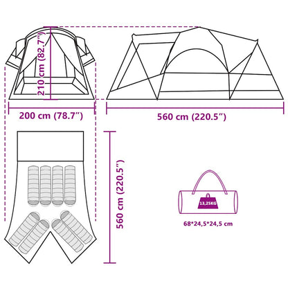 Detailtekening van de vidaXL tunneltent met afmetingen en opzetinstructies.