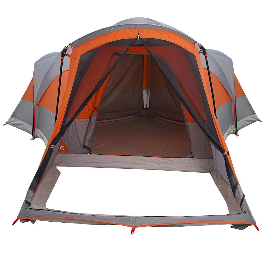 Detail van de grijs-oranje vidaXL tunneltent met open ingang en ruime binnenruimte.