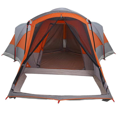 Detail van de grijs-oranje vidaXL tunneltent met open ingang en ruime binnenruimte.
