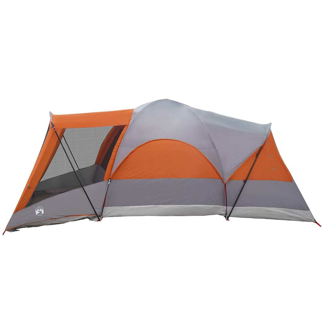 Zijaanzicht van de vidaXL tunneltent in grijs en oranje met ventilatieroosters.