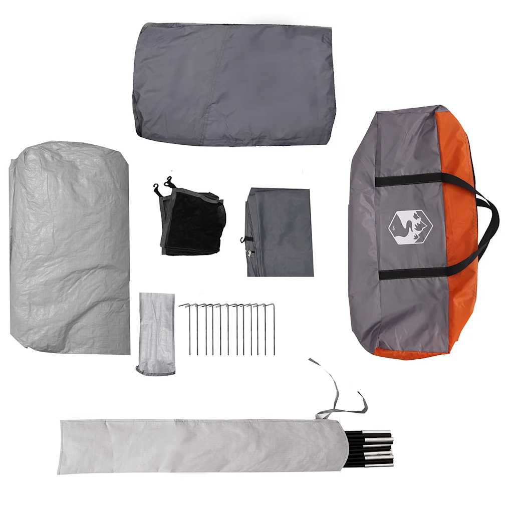 Detail van de vidaXL tunneltent met grijze en oranje onderdelen en accessoires.