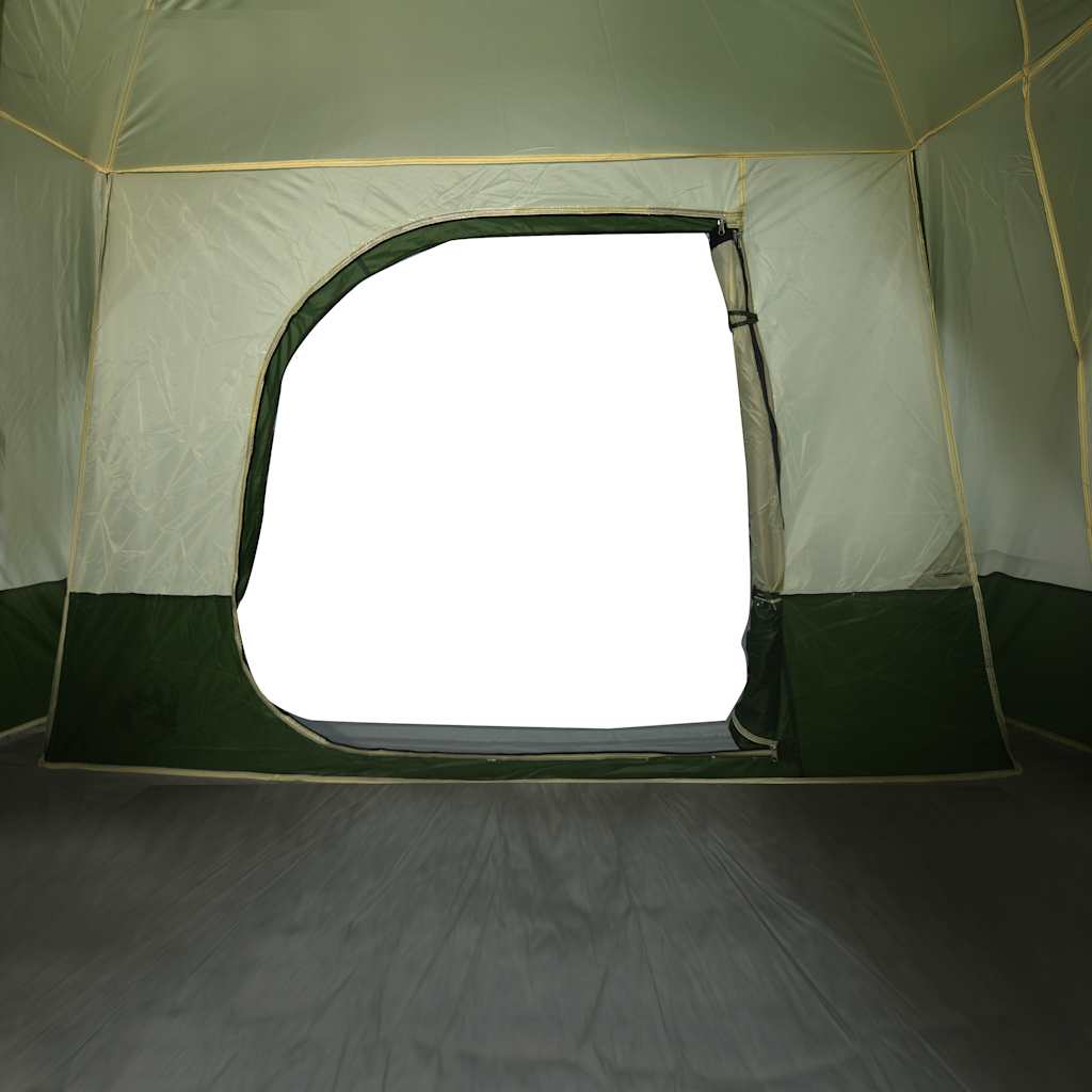 Detail van de groene vidaXL gezinstent met grote, open raam voor ventilatie.