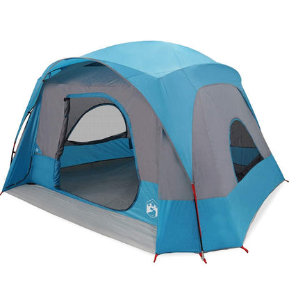 Zijaanzicht van de vidaXL 6-persoons tent in blauw met grijze details en open ingang.