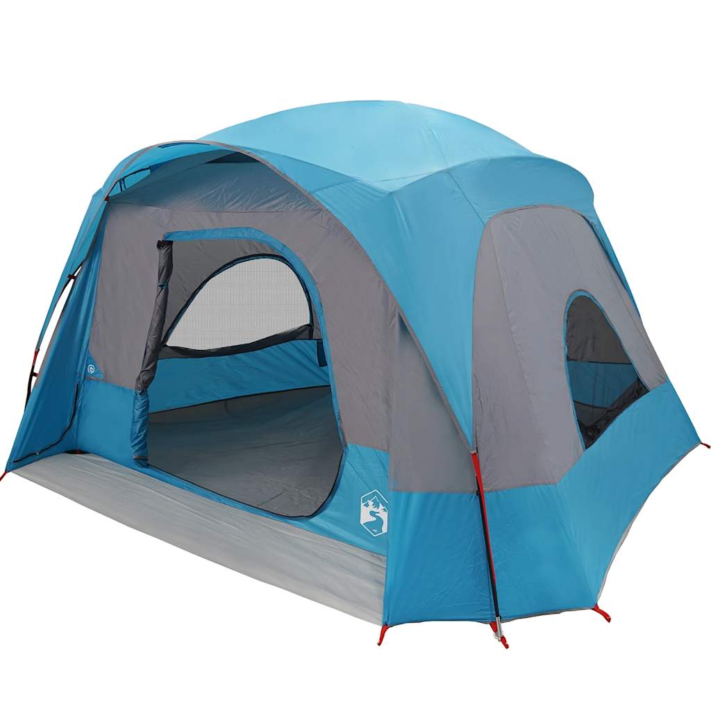 Zijaanzicht van de vidaXL 6-persoons tent in blauw met grijze details.