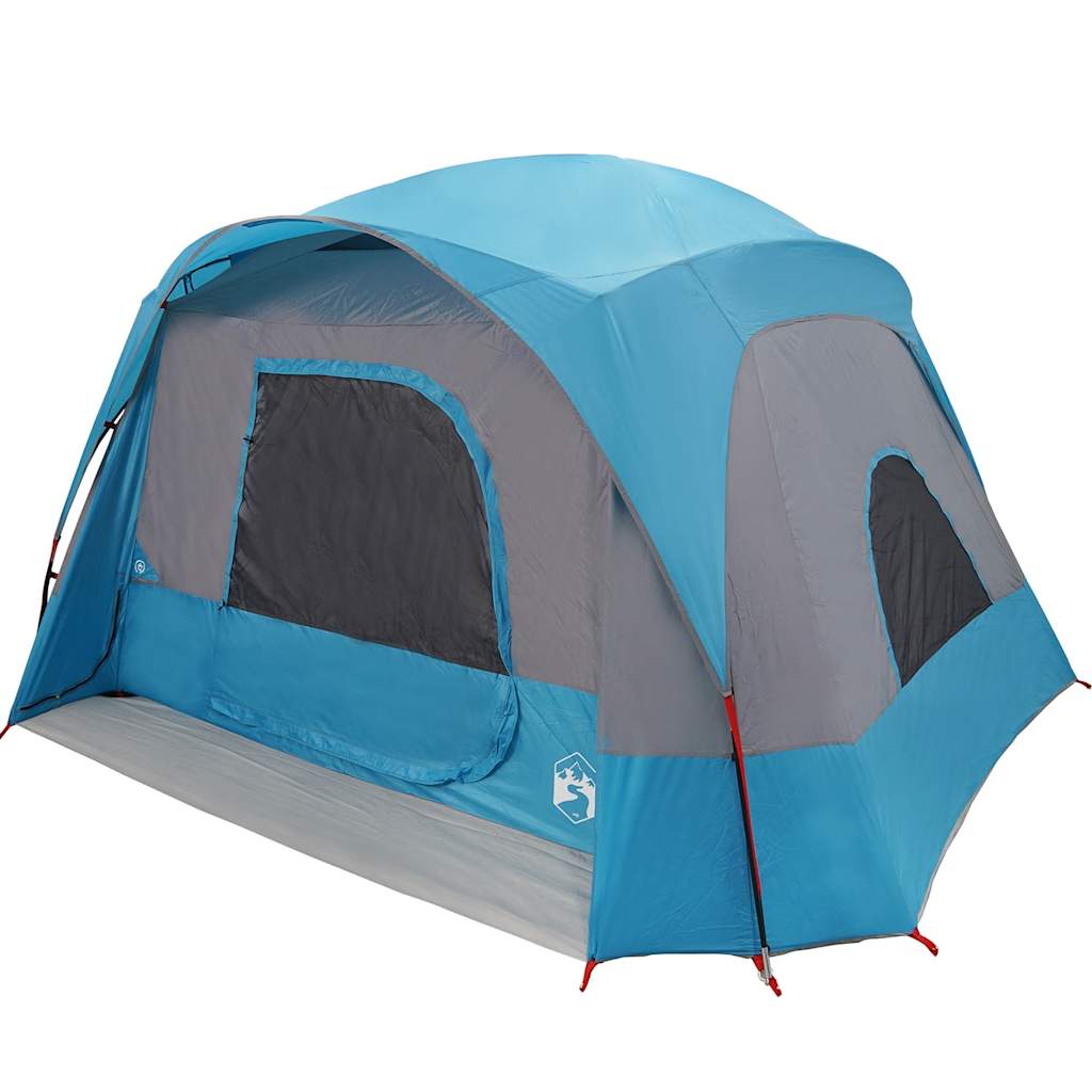 Zijaanzicht van de vidaXL 6-persoons tent in blauw met ventilatieroosters.