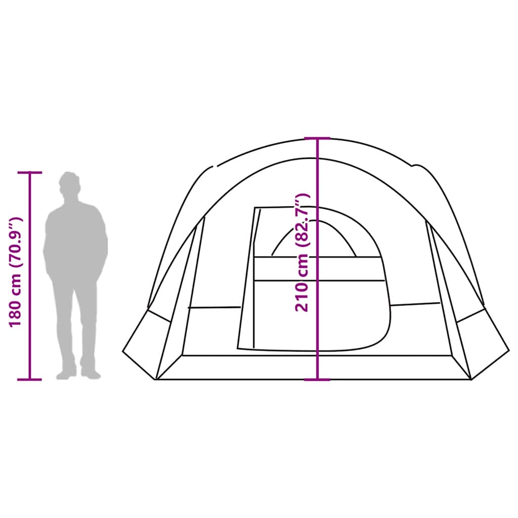 Zijaanzicht van de vidaXL 6-persoons tent met afmetingen en ingangen weergegeven.