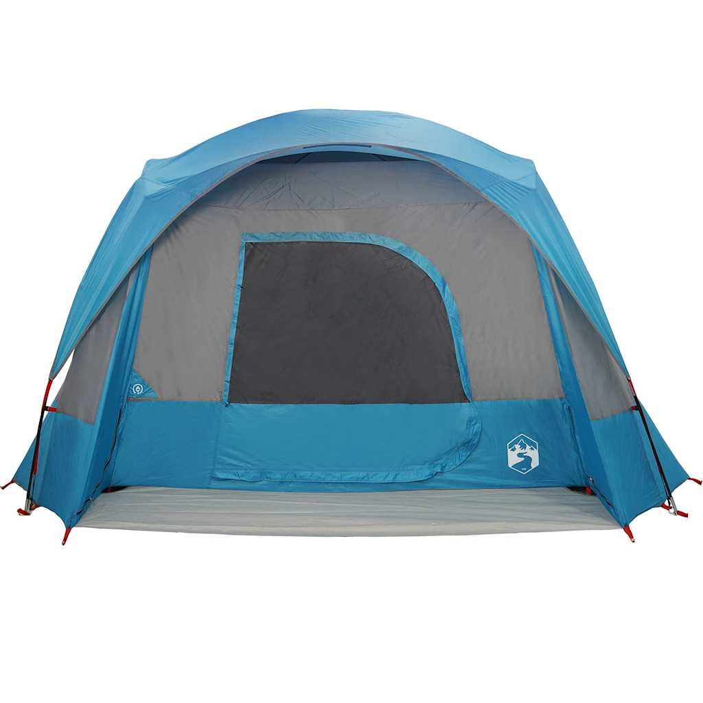 Detail van de vidaXL 6-persoons tent in blauw met een grote ingang en ventilatierooster.