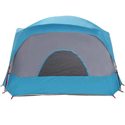 Zijaanzicht van de vidaXL 6-persoons tent in blauw met grijze details.